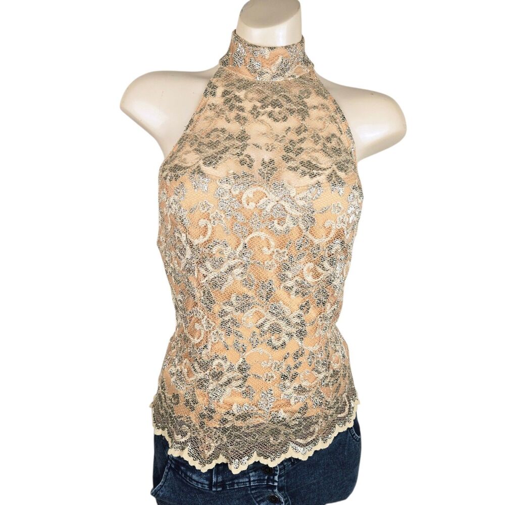 Vtg Cache Floral Lace Halter Top Sz S Gold Coquette Y2K Romantic Soft Glam Fairy